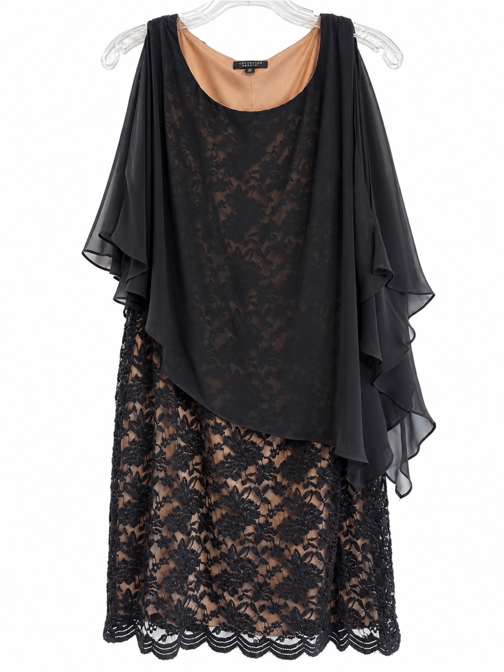 Connected Apparel Black Nude Lace Chiffon Cape Cocktail Dress Size 10